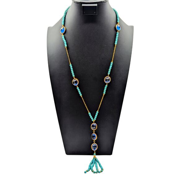 Dyed Howlite Sapphire Glass Gold Tone Bezel Set Tassel Slip Over 28" Necklace - Picture 1 of 9